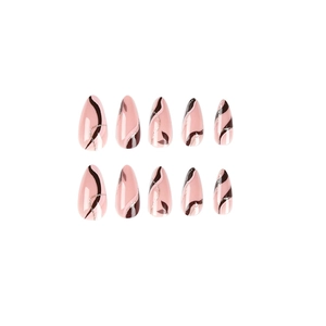 Pink and brown wavy swirl press-on nails with silver glitter accents on white background