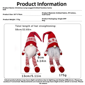 Detailed view of Christmas long-legged gnome plush with dimensions and fabric textures
