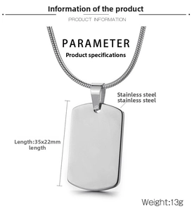 Detail of 35x22mm stainless steel dog tag pendant with dimensions and weight data