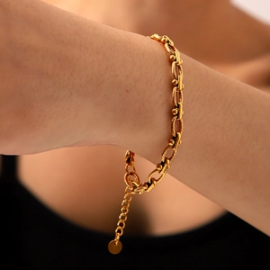 18K gold plated stainless steel textured link chain bracelet for women with bead detail