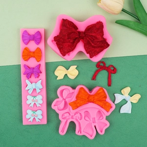 Pink silicone bow molds for fondant and resin DIY crafts with colorful bow examples