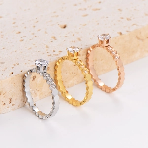 Honeycomb Zirconia Ring 304 Stainless Steel Hexagonal Band Crystal Inlaid Elegant Fashion For Women
