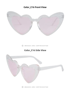 Vista frontale e laterale degli occhiali da sole a cuore con glitter argento e lenti rosa