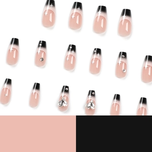 Pink and black gradient coffin fake nails set with silver stars and heart rhinestones
