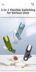 Three-in-one functional brush for cleaning bottle caps and crevices with 360-degree rotation