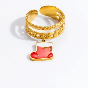 Detail of 18K gold-plated double-layer ring with red Christmas stocking pendant