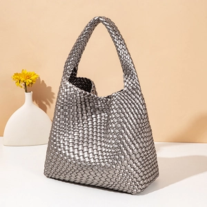 Silver hand-woven PU leather large tote bag with a modern wide-stripe braided design