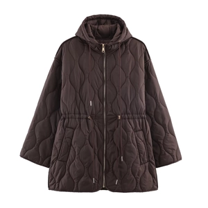 Veste Matelassée à Capuche Femme Polyester Motif Vagues Taille à Cordon Fermeture Éclair Streetwear Casual