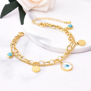 Collana E Bracciale A Strati Malocchio In Acciaio Inossidabile Placcato Oro Conchiglia Perla Turchese Per Donna