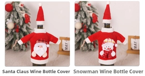Detail view of festive Santa and Snowman knitted wine bottle covers with matching tiny hats