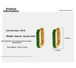 Detail showing dimensions of golden titanium steel earrings with green rectangular crystals