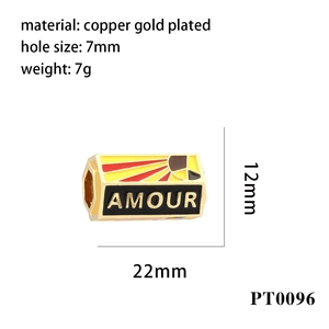 Detail of copper gold plated Evil Eye charm with AMOUR text and 22mm size specifications