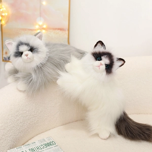 Realistic long-haired Ragdoll cat plush dolls in grey and black-white on a cozy sofa