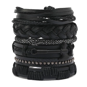 Men Punk Multilayer Bracelet Artificial Leather Alloy Battle-axe Pendant Hand-woven Gothic Wristband Hip Hop Jewelry Gift