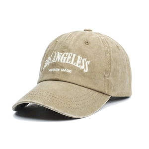 Detail of khaki vintage washed cotton baseball cap with white embroidered letters