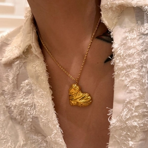 18K gold plated heart necklace with vintage crushed texture on delicate rope chain
