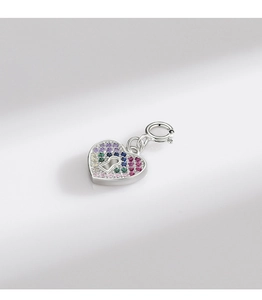 Close-up of heart pendant with multi-colored gemstones, keyhole design and lobster clasp
