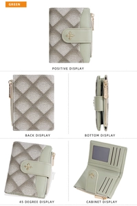 Detail view of green quilted wallet with cross buckle and multi-angle interior layout