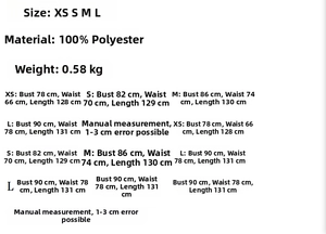 Detailed size chart for lace slip dress showing XS-L measurements and polyester material
