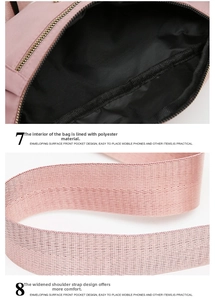 Detail view of pink fanny pack with durable polyester lining and wide woven shoulder strap