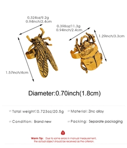 Detailed technical diagram showing dimensions and specs of vintage insect-shaped rings