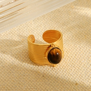 Vintage 18K gold-plated stainless steel wide band ring with oval tiger eye stone
