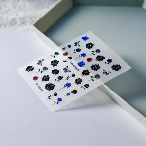 5D embossed nail stickers featuring blue roses and butterflies, model FEB-384 for DIY art