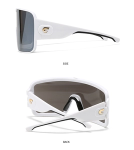 Detail view of white oversized shield sunglasses with gold star logo and back structure