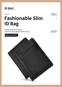 Close-up of slim black leather card holder with premium lychee texture and ID slots