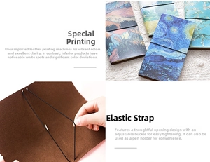 Detail of Van Gogh faux leather notebook featuring elastic strap and pen holder design