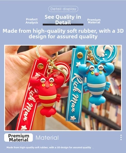 Detail view of red and blue soft rubber lobster keychains with Rich Man wristbands