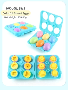 Detail of 6-piece Montessori matching egg toy set showing geometric shapes and storage box