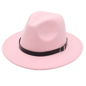 Detailed view of pink wool felt fedora hat featuring black leather band and silver buckle