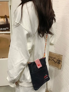 Cute cherry embroidery denim crossbody bag with plaid flap and rainbow beaded strap