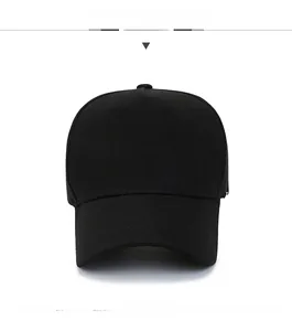 Front view of solid black baseball cap showing reinforced stitching and cotton twill fabric