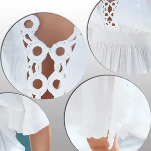 Détail de robe de plage blanche au crochet avec col en V ajouré et finitions à volants