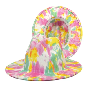 Tie-dye wool fedora hat with vibrant pink and yellow patterns and wide brim for fashion