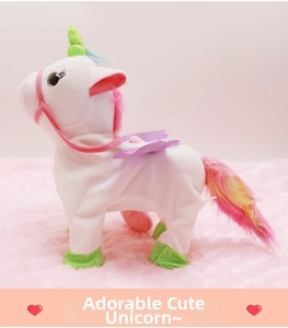 Detail of white plush unicorn toy with colorful rainbow mane and green shiny hooves