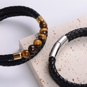 Pulsera para hombre de cuero trenzado doble capa con ojo de tigre y cierre magnético