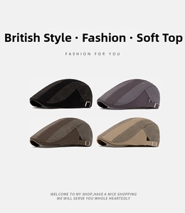 Four colors of men's vintage cotton beret hats showing adjustable side metal buckles