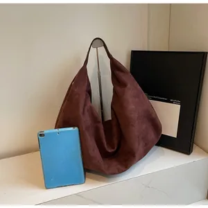 Large capacity wine red suede tote bag shown with a tablet for size reference