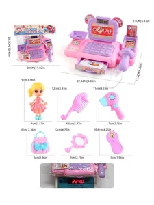Detailed view of pink toy cash register set with doll accessories and size markings
