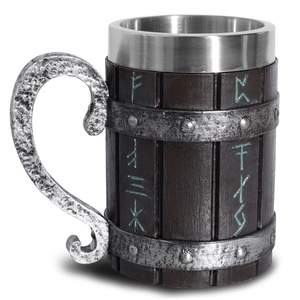 Detail of Viking beer mug with wooden texture, teal runes and metallic rivet handle