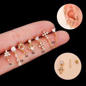 Stainless Steel Cartilage Stud Earrings Zirconia Artificial Pearl Heart Cross Double Head Screw Back Piercing Jewelry For Women