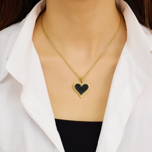 Collar vintage francés con colgante de corazón en acero inoxidable dorado y cristales