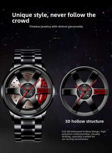 Macro detail of men's quartz watch featuring a 3D hollow racing wheel hub dial design