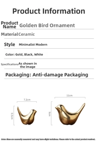 Detailed size specifications for ceramic gold bird ornaments in modern minimalist style