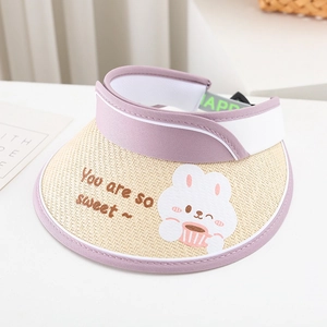 Detail of kids straw sun visor with cute cartoon rabbit and sweet text embroidery