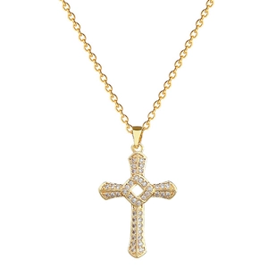 Elegant gold spinning cross necklace with sparkling crystals on a delicate chain