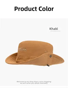 Detail of khaki cotton safari hat featuring outdoors embroidery and side metal snap buttons